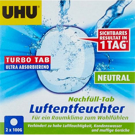 UHU Air Max ambiente - Ricarica assorbente dell'umidità molto rapida ed efficace, bianco, 2 ricariche tab da 100g molto potenti incluse (1/3)