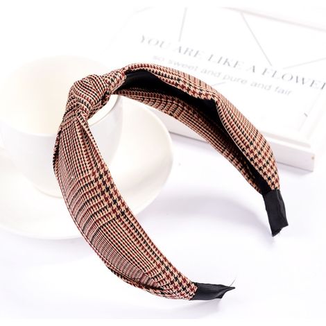 Accessoire de coiffure pour femme : serre-tête rond à pois et nœud croisé en tissu (marron) (1/2)