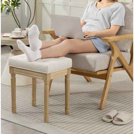 Pouf imbottito in tessuto effetto lino con gambe in legno 42 x 32 x 46,5 cm beige DESVIAE (1/5)