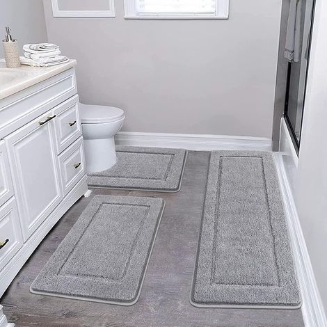 Lot de 3 Tapis de Bain Antidérapants, Tapis de Salle de Bain à Poils Longs en Microfibre avec Tapis de Toilette Doux et Absorbant, Lavable en Machine, Contour WC, Gris (1/5)