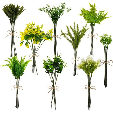 90 gemischte Eukalyptuszweige und Farnblätter (9 Sorten) - künstliches Grün für Vase, Blumenstrauß und Gesteck. (1/2)
