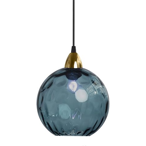 20cm/7.9'' Lampe à Suspension Sphérique Industrielle en Verre, Lampe de Plafond Suspendue E27, Finition Dorée et Abat-Jour en Verre Ondulé, Plafonnier Pour Salle à Manger (Bleu foncé, 20cm) (1/5)
