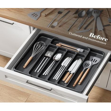 range‑couverts gris réglable et extensible organisateur de tiroir de cuisine boîte de rangement multifonction pour couverts et ustensiles (1/5)