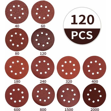 120 pezzi dischi abrasivi, 125 mm 8 fori carta vetrata, per levigatrice orbitale casuale dischi abrasivi, disco abrasivo grana 10 X 40/60/80/120/180/240/320/400/600/800/1500/2000 (1/5)