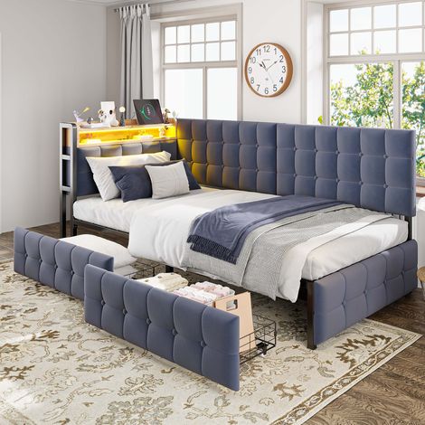 Letto singolo 90x200 cm metallo velluto grigio, con cassetti per studio, senza materasso - FLORAGRACE (1/5)