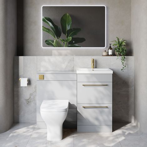 Napoli 390 Cento Gloss Grey Pearl 1100mm 2 Drawer Vanity Unit Toilet Suite with Glide Basin - 1100mm - Brushed Brass 320mm HandleWith Kingston Toilet Pan and Seat