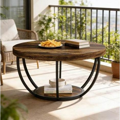 Tavolino da caffè rotondo a 2 livelli, design organico, superficie effetto venatura del legno, metallo e legno, rustico (1/5)
