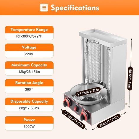 3000W 220V Dönerspieß Maximale Kapazität 12KG 360° Dönergrill für Zuhause, SchaschliKGrill Rotissiere Hähnchengrill Gyros Kebab, Tischgrill, Vertikalgrill aus Edelstahl