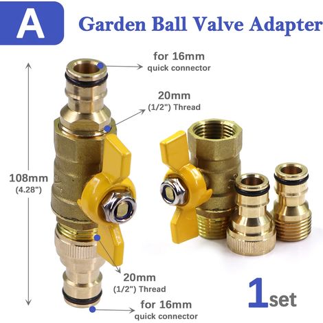 Raccord rapide à bille en laiton 16 mm (1/2") pour tuyau d'arrosage, rallonge et vanne d'arrêt. (1/5)