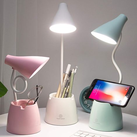 Lámpara de escritorio LED con 3 modos de iluminación y atenuación continua, cuello de cisne flexible de 360°, portalápices y soporte para teléfono móvil (rosa) (1/5)