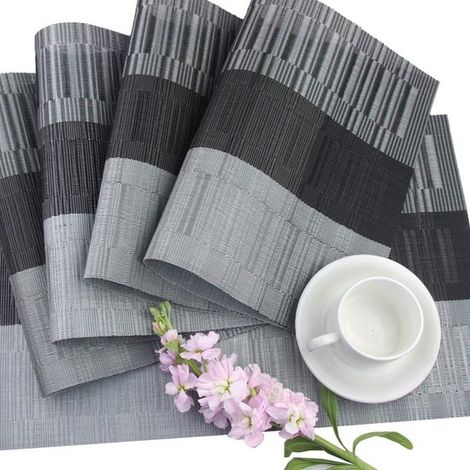 Lot de 4 sets de table gris – Sets de table en vinyle tissé, antidérapants, résistants à la chaleur, lavables et faciles à nettoyer, adaptés à une utilisation intérieure et extérieure (1/5)