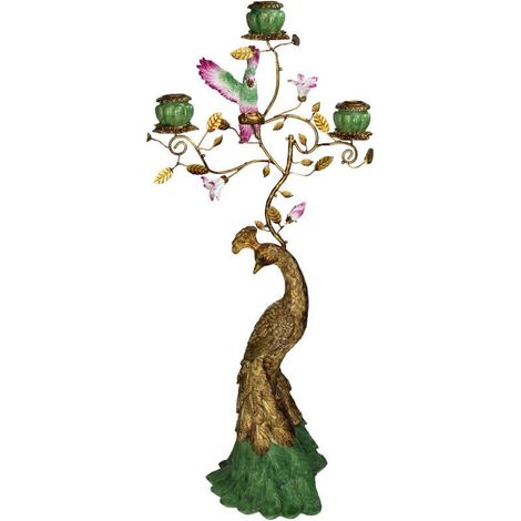 Bougeoir Décoratif Paon en Polyrésine Multicolore - 29,5 x 17,5 x 65 cm - PANGIVO