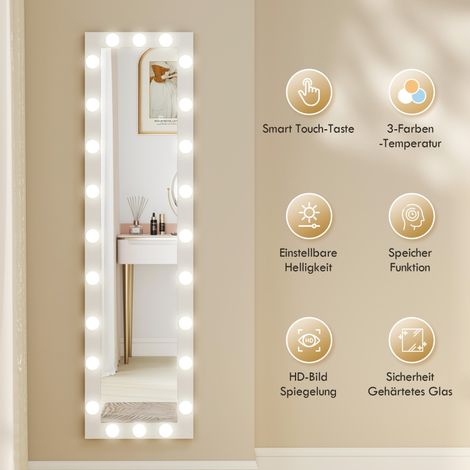 Miroir pleine hauteur 150x40 cm LED avec 24 ampoules, 3 températures de couleur, sur pied inclinable ou fixation murale, blanc (1/5)