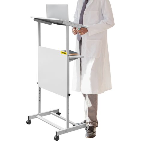 VEVOR Leggio per Podio con Altezza Regolabile 103cm-135cm, Leggio Presentazione Materiale SPCC, Podio Regolabile Capacita Tavola Superiore 10Kg Inferiore 20Kg, Scrivania Mobile in Piedi Ruote Girevoli