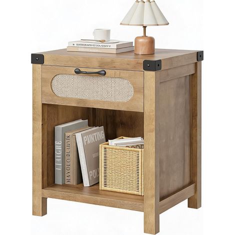Table De Chevet étroite en Rotin Style Bohème Farmhouse, Naturel/Noir 1 tiroir et niche ouverte pour rangement, meuble d’appoint polyvalent pour chambre, salon et entrée (1/5)