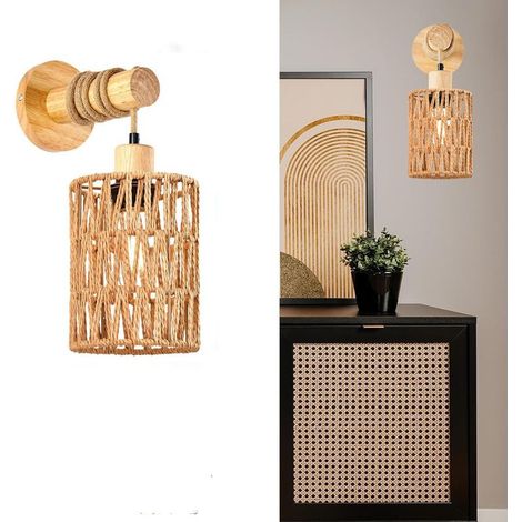 AMXCNOY Applique murale cylindrique en rotin, style campagnard, douille E27, abat-jour en rotin, luminaire mural décoratif idéal pour chambre et hôtel (kaki, sans ampoule) (1/5)