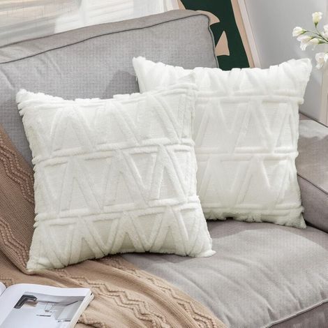 Lot De 2 Housses De Coussins Tissu Laine Artificielle Et Polyester Motif Triangle Moderne Doux Lisse Confortable Taie D'oreiller À Salon Chambre Canapé 45x45cm Blanc