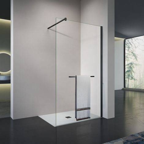 GRAND VERRE Élégance Noire Paroi de douche à l'italienne, verre transparent avec porte-serviette et accessoires en aluminium noir mat 70x200 (1/5)