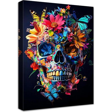 Leinwandbild 40L x 60B cm Chrysanthemenbl&xFCten und Totenkopf (1/5)