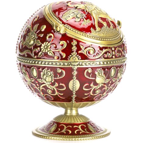 Cendrier vintage en alliage de zinc rouge bordeaux, forme Tellurion, motif élégant, avec couvercle, cadeau artisanal (1/5)