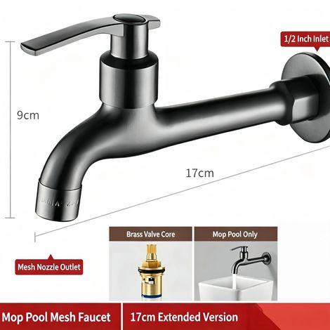 Robinet mural en acier inoxydable (gris anthracite), robinet extérieur à long bec pour buanderie, évier à serpillière et robinet pour machine à laver (1/5)