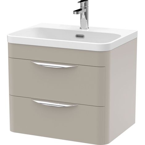 Aldershawe Contemporary Wall Hung 2 Drawer Vanity Basin Unit, Thin Edge Ceramic Basin, 600mm, Pebble Grey (1/4)