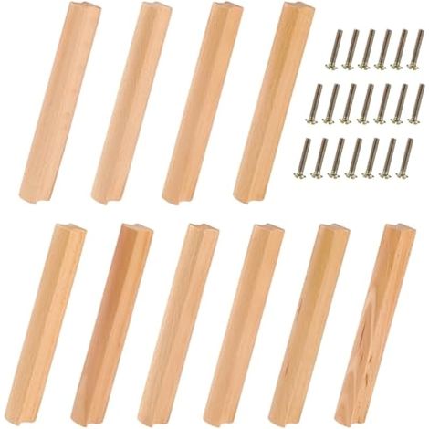 10 poignées en bois de 160 mm, en hêtre, avec vis, pour tiroirs, meubles et cuisines. (1/5)