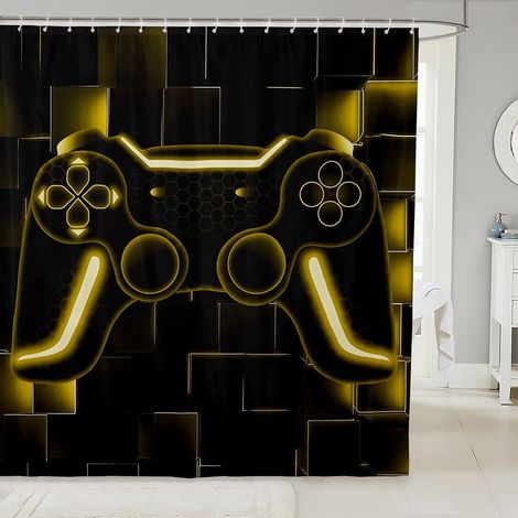 Console de Jeux pour Enfants Rideau de Bain 180x210cm Noir Vert Jeux Rideau de Douche Adolescents Salle de Bains Décoration Jeux Ombre Rideau Douche Néon Géométrique Grille Carrée Rideau de Baignoire (1/5)