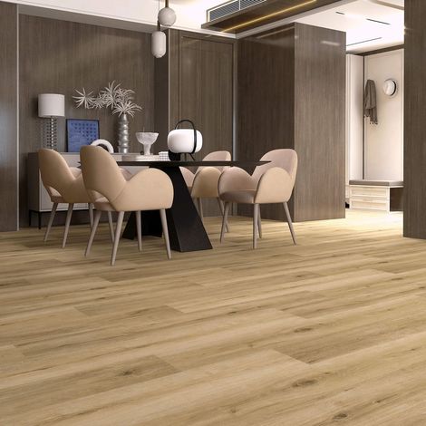 Revêtement de sol en vinyle clipsable SPC Lunor lame effet parquet aspect chêne naturel brun miel avec sous-couche acoustique intégrée Pack de 10 lames (2,208 m²) (1/5)