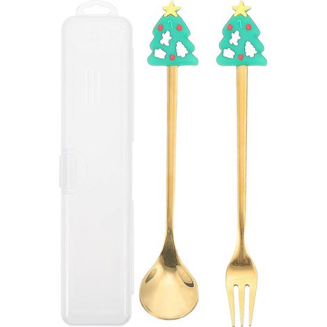 ensemble de couverts de Noël en acier inoxydable comprenant une cuillère à dessert et une fourchette à fruits, idéal pour les voyages et les fêtes.-16X3.5X2CM-Green