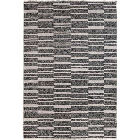 Tapis contemporain blanc et noir style moderne en polyester doux - Blanc motifs noirs graphiques (1/5)