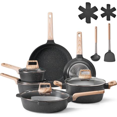 17-teiliges Antihaft-Kochgeschirr-Set in Granitoptik, induktionsgeeignet, ideal für Zuhause und Camping, beinhaltet Pfannen, Töpfe, Auflaufformen, Deckel aus gehärtetem Glas und Topfschoner, schwarz. (1/5)