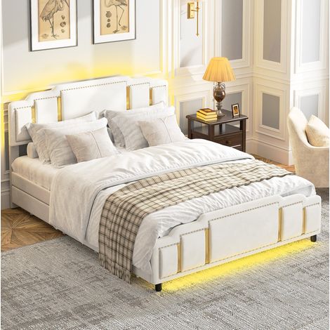 Cama tapizada 140x200 cm beige de terciopelo con LED y 4 cajones (1/5)
