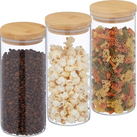 Lot de 3 bocaux en Verre, Couvercle Bambou, Bocal Conservation Rond, 1300 ML, hermétique, Transparent/Nature (1/5)