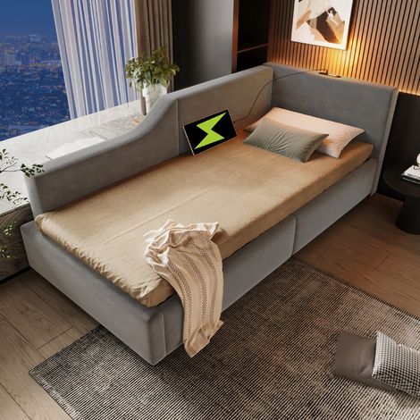 Sofá cama de terciopelo gris 90x190 cm con almacenamiento hidráulico, luz de lectura, USB-C y somier de láminas (1/5)