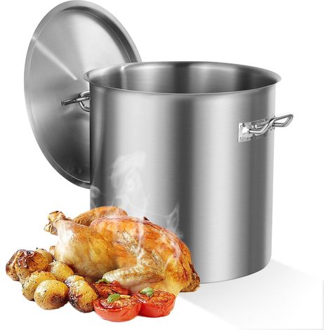 Marmite en acier inoxydable, 53 L, grande casserole avec couvercle et poignée, qualité commerciale, traitement sablé, pour grands groupes et événements. Argent. (1/5)