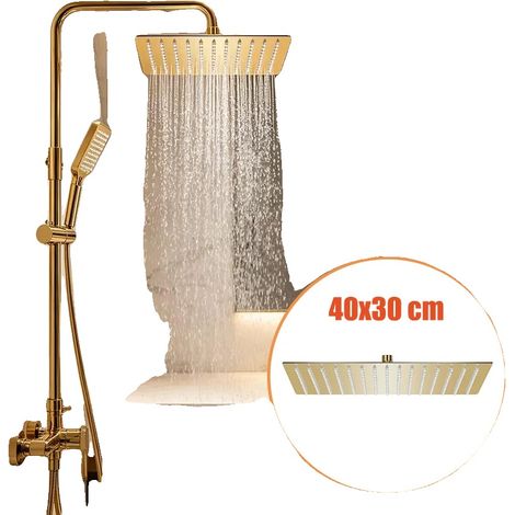 Cabezal de ducha tipo lluvia, 40x30 cm, acero inoxidable dorado, 192 boquillas, montaje en pared/techo, función antical. (1/5)