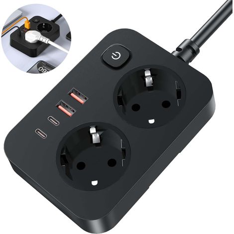 Multiprise avec 2 Prises + 4 USB Interrupteur Bloc Portable Protection Surtension Câble pour Maison Bureau Voyage 1pc 1,8m (1/5)