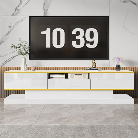 Meuble TV moderne - 180x38x45 cm - 3 tiroirs - Éclairage LED - Or et Blanc (1/5)