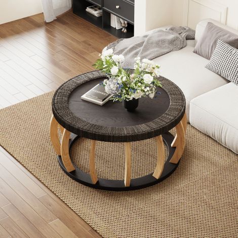 Table basse ronde en rotin et bois massif, pieds courbés, design bohème, noir et marron, 90x90x43 cm (1/5)