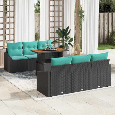 Salon de Jardin Modulaire 7 Pièces Résine Tressée et Bois d'Acacia Noir et Turquoise 6 Places - PANGIVO (1/5)