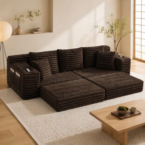 Canapé convertible 273 x 98 x 87 cm marron, poches et porte-gobelets, tissu côtelé MEUBLIV (1/5)