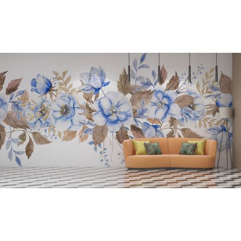 Papier peint fleuri - frise de fleurs bleues - 150 x 250 cm (1/2)