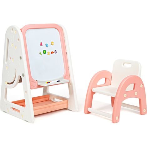 Lavagna magnetica per bambini 2 in 1 53 x 62,5 x 71-100 cm con scrivania ergonomica pieghevole e libreria in polietilene bianco e rosa 200009907