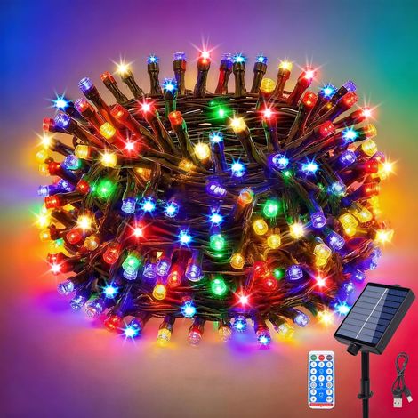Guirlande lumineuse solaire d'extérieur - 10 m - 100 LED multicolores - 8 modes - Étanche - Avec minuterie - Télécommande et USB - Pour décoration de jardin, terrasse, mariage, balcon