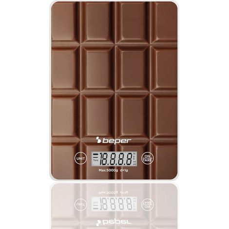 Balance de cuisine numérique, Plateau en verre trempé, Balance avec écran LCD et touches tactiles, Fonction tare, Capacité maximale 5kg, Arrêt automatique, Fantaisie Chocolat (1/5)