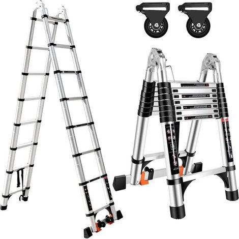 Échelle Télescopique de 5.0M(2.5+2.5) Échelle Pliante 2 en 1 Escabeau Télescopique en Aluminium (1/5)