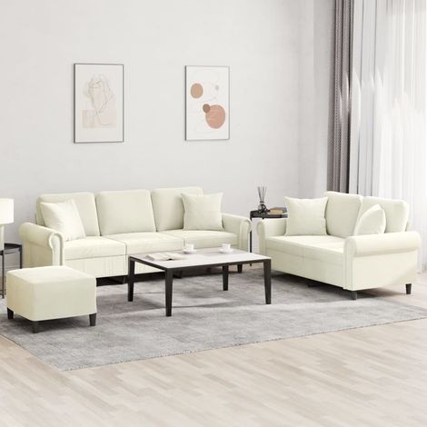 3-tlg. Sofagarnitur mit Kissen Creme Samt