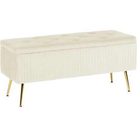 Panca Imbottita Divanetto In Velluto Contenitore Pouf Grande XXL PortaOggetti Panca Sgabello A Pie Di Letto Con Gambe In Metallo Dorato Cassapanca Ingresso Legno Massello Panchina - Crema (1/5)