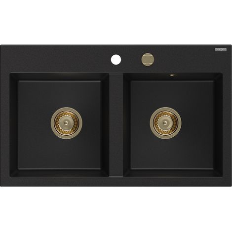 Mexen Hektor Granitspüle 2-Kammer 800 x 480 mm, schwarz, goldener Siphon - 6521802000-77-G